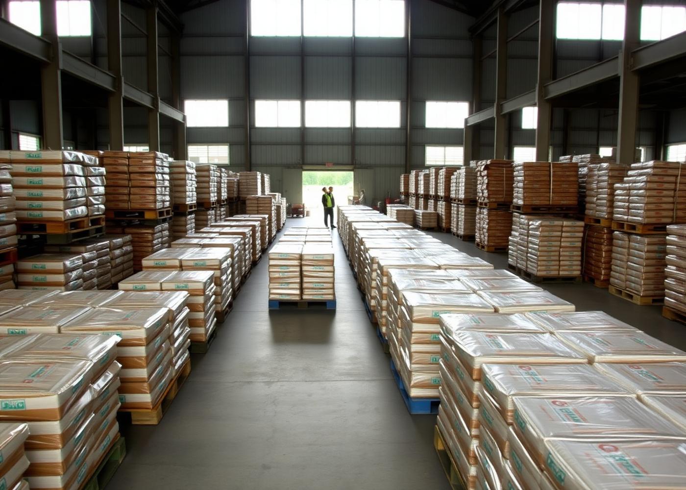 B&S Humanitarian warehouse with pallets of food and medical supplies