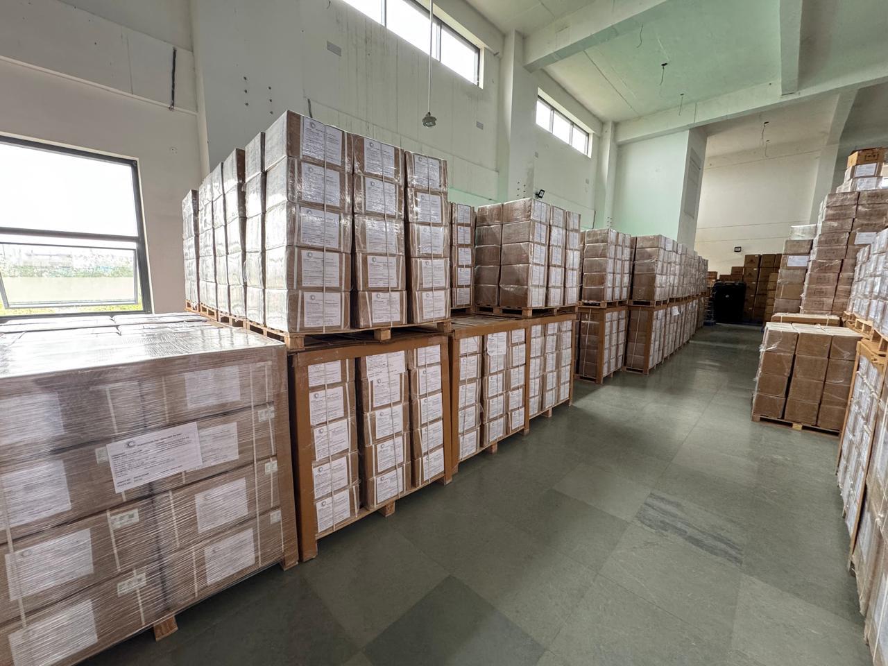 Humanitarian aid pallets stacked in a B&S warehouse, ready for shipment